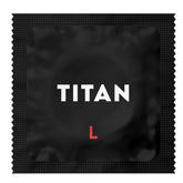 The product features a black square condom wrapper with "TITAN" prominently displayed in white capital letters at the center and a red "L" below, signifying it is from the Titan L Large Lubricated Condoms range. The wrapper also includes a textured edge.